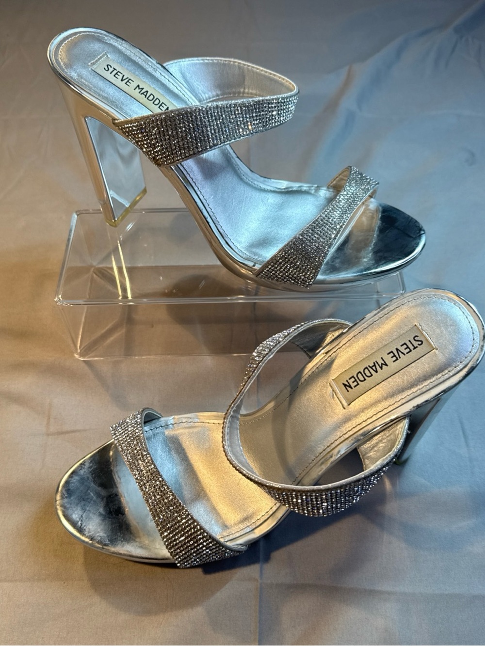 Steve Madden Silver Embellished High Heel Slide Sandals